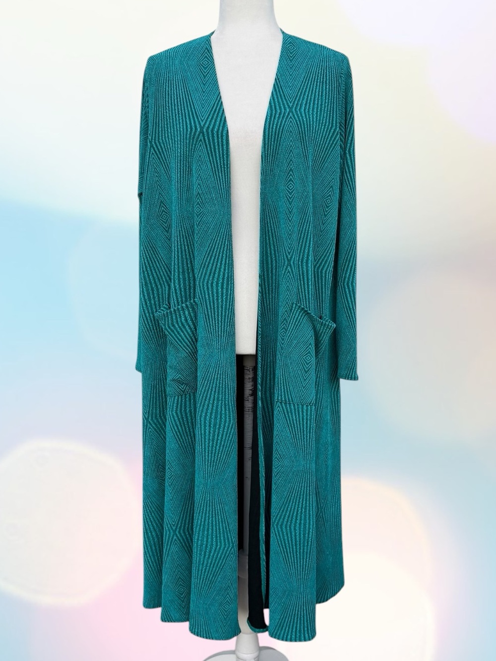 Lularoe Sarah Teal Diamond Pattern Open Front Cardigan Duster Sweater, Women’s M